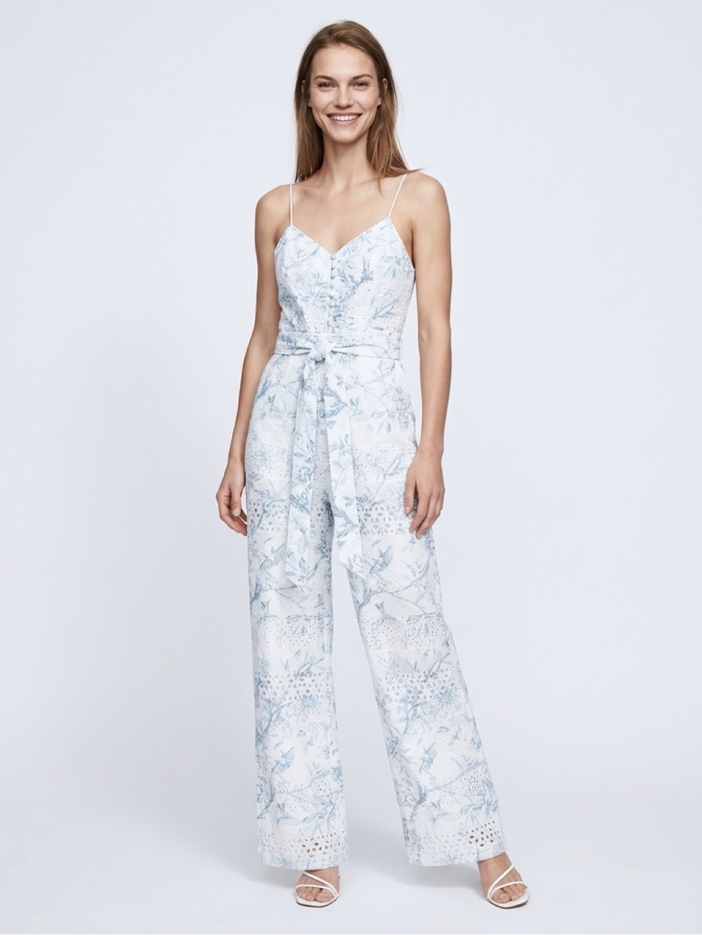 ALICE + OLIVIA White/Baby Blue "Shanti" Eyelet Embroidered Smocked Jumpsuit Sz 0